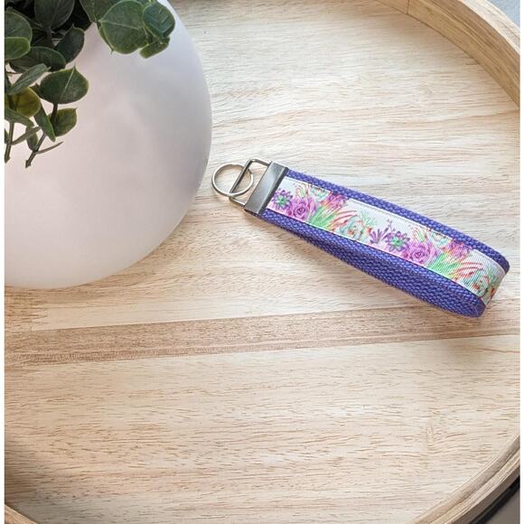 Floral Succulent Keychain Wristlet Handmade Boho Fabric Key FOB Plant Lover Leaf - Picture 6 of 6